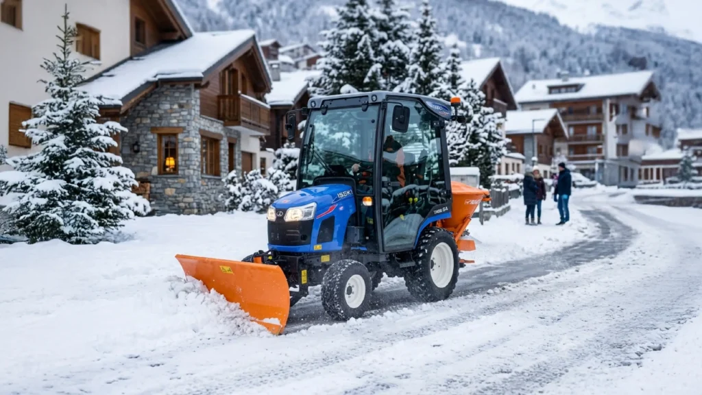 Kompakter Traktor mit Schneepflug und Salzstreuer beim Winterdienst in einer verschneiten Wohnanlage.